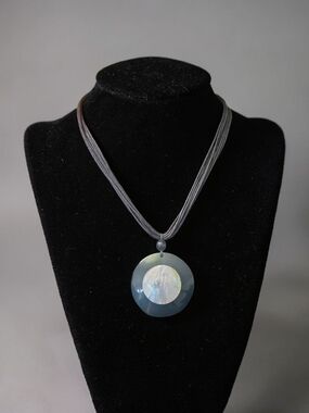 Black Multi-Strand Cord Necklace Resin Pendant Opalite Center Statement 16”